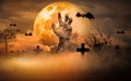 Halloween Concept Horror, night with resurrected zombie hands popping out of hell With moon floating in sky, atmosphere in cold Royalty Free Stock Photo