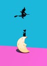 Halloween concept made of flying striking black witch and dreamy moon with black cat on it. Vivid blue and purple creative