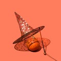 Halloween concept made of striking black with golden printed decorative witch hat and lovely orange pumpkin. Sunny shadows. Royalty Free Stock Photo