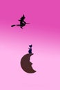 Halloween concept made of striking, flying black witch and dreamy black moon with cat on it. Vivid purple creative background