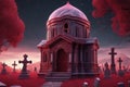 halloween concept - old castle in the cemetery, 3 d illustrationhalloween concept - old castle in