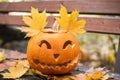 Halloween concept. Orange pumpkin for halloween on a bench outside