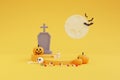 Halloween concept ,Podium for product display with pumpkins character,tombstone,eye ball,skull,bone,candy under the moonlight .on Royalty Free Stock Photo