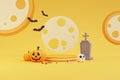Halloween concept ,Podium for product display with pumpkins character,tombstone,eye ball,skull,bone,candy under the moonlight .on Royalty Free Stock Photo