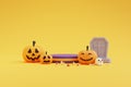 Halloween concept ,Podium for product display with pumpkins character,tombstone,eye ball,skull,bone,candy.on yellow background.3d Royalty Free Stock Photo