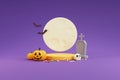 Halloween concept ,Podium for product display with pumpkins characters,tombstone,eye ball,skull,bone,candy and the moonlight.on Royalty Free Stock Photo