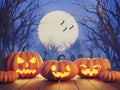 Halloween concept pumpkin on the old wooden plank in the cemetery night 3d render Royalty Free Stock Photo