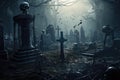 Halloween concept. Scary graveyard in misty forest. 3D rendering, A creepy graveyard filled with crooked tombstones and ghostly Royalty Free Stock Photo