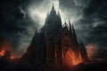 Halloween concept. Scary halloween background with spooky cathedral, An elaborate gothic cathedral towering into cloudy skies, AI