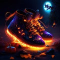 Halloween concept. Silhouette of a pair of sneakers on a dark background with pumpkins. 3d illustration AI Generated animal ai