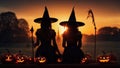 Halloween AI concept with the silhouettes of females dressed in black with tall hats as witches gazing at sunset on a field