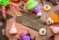 Halloween symbols and decorations on wooden table flat lay top view Royalty Free Stock Photo