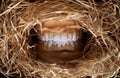 Halloween concept. Teeth model denture wrapped in straw. Monster.