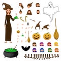 Halloween constructor set of female characters. Girl with holiday attributes. Vector illustration