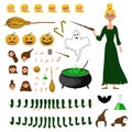 Halloween constructor set of female characters. Girl with holiday attributes. Vector illustration