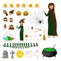 Halloween constructor set of female characters. Girl with holiday attributes. Vector illustration