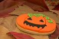 Halloween cookie on dry leaves.