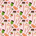 Halloween cookie seamless pattern background food night cake party trick or treat candies vector illustration. Royalty Free Stock Photo