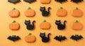 Halloween Cookies Pattern with Pumpkins, Cats and Bats on Orange Surface Royalty Free Stock Photo