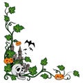 Halloween corner funny skull and pumpkins in cartoon style on white background.