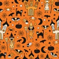 Halloween 2020 Coronavirus kids vector pattern. Witch, cat, spiders, bats wearing face masks seamless background. Covid