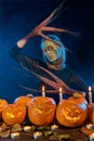 Halloween costume woman, tree girl with pumpkins