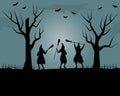 Halloween coven. Witches dance with brooms. Black silhouettes of women and trees