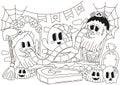 Halloween cozy indoor interior of room with ghost characters making costumes for spooky party, coloring page for kids