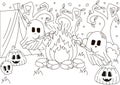 Halloween cozy outdoor activity, ghosts characters sitting around fire, camping coloring page for kids