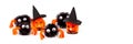 Halloween craft home decorations and ornaments, witch heads on panoramic background