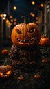 halloween. crazy pumpkin smiling. decorated blurry background