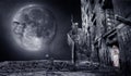 Halloween creepy background with skeletons and moon