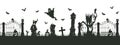 Halloween creepy border. Spooky cemetery silhouettes, halloween decoration with scary trees and gravestones flat vector