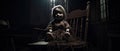 creepy doll sitting on a rocking chair in a dimly lit room with cobwebs hanging from the ceiling