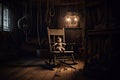 creepy doll sitting on a rocking chair in a dimly lit room with cobwebs hanging from the ceiling