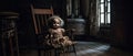 creepy doll sitting on a rocking chair in a dimly lit room with cobwebs hanging from the ceiling