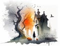 Halloween creepy house modern illustration. Holiday card spooky watercolor drawing