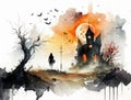 Halloween creepy house modern illustration. Holiday card spooky watercolor drawing