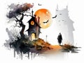 Halloween creepy house modern illustration. Holiday card spooky watercolor drawing