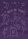 Halloween creepy poster with cemetry, ghost and raven. Spooky moon night scenery background with tombstone. Trick or