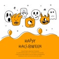 Halloween creepy poster with ghost, zombie, ghost, skull and phrase HAPPY HALLOWEEN. Vector illustration on 31 October. Royalty Free Stock Photo