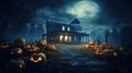 Halloween, Creepy pumpkins of spooky halloween haunted mansion Evil houseat night with full moon. Generative Ai Royalty Free Stock Photo