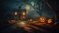 Halloween, Creepy pumpkins of spooky halloween haunted mansion Evil houseat night with full moon. Generative Ai Royalty Free Stock Photo