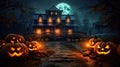 Halloween, Creepy pumpkins of spooky halloween haunted mansion Evil houseat night with full moon. Generative Ai Royalty Free Stock Photo