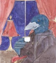 Halloween crow in cloak drinking tea watercolor Royalty Free Stock Photo