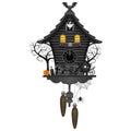 Halloween cuckoo clock with old carriage, pumpkin, trees, bat and ghost Royalty Free Stock Photo