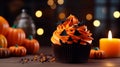 Halloween cupcake with color. Jack o\'lantern made with pumpkin. at a Halloween party, dessert. Muffin adorned with frosting,