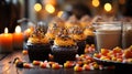 Frosted Halloween Cupcakes, Candy Corn and Other Treats On A Table. Generative AI