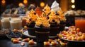 Fancy Halloween Cupcakes, Candy Corn and Other Treats On A Table. Generative AI