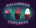 Halloween cupcakes. Cupcake with a cast, a cupcake with a witch`s hat and a spider, and a cupcake with cream monsters.